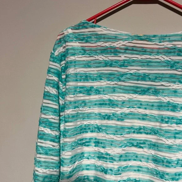 Ruby Rd Womens Top XL Blue White Striped Beaded Neck 3/4 Sleeve Tunic Layered - Picture 6 of 7